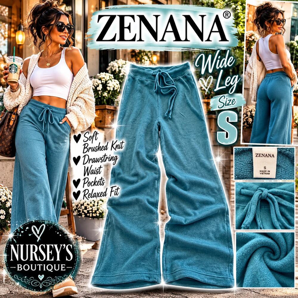 Zenana Teal Wide Leg Lounge Pants Womens Small Soft Brushed Knit Drawstring NIB